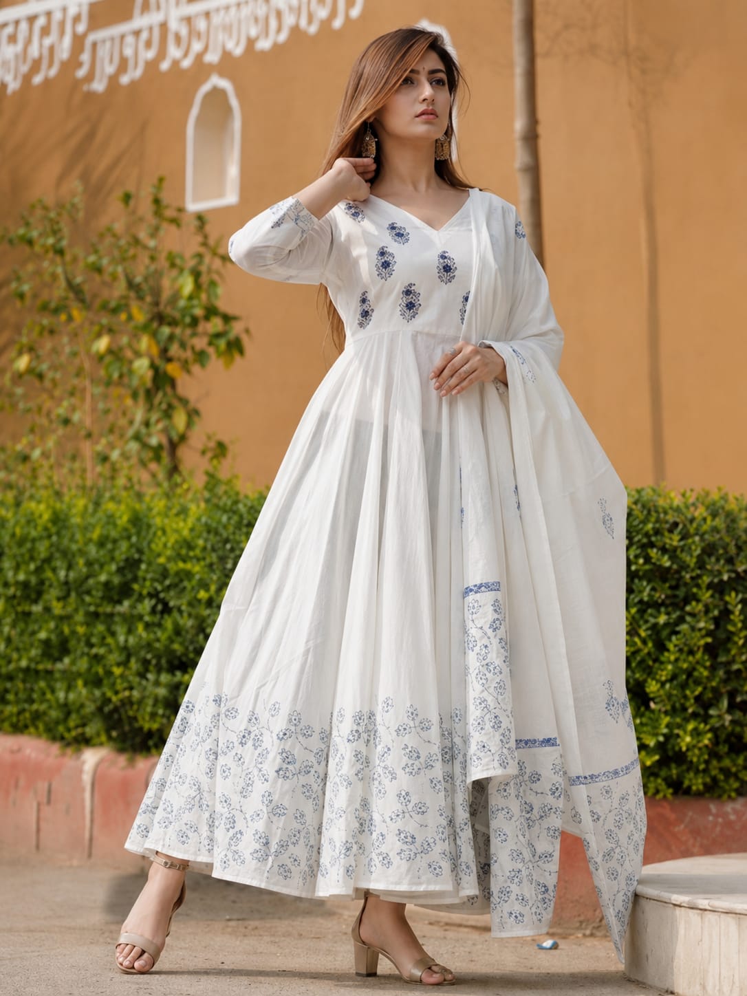 White & Blue Floral Printed Cotton Anarkali Kurta Set with Dupatta