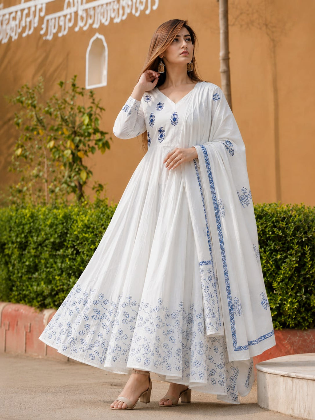 White & Blue Floral Printed Cotton Anarkali Kurta Set with Dupatta
