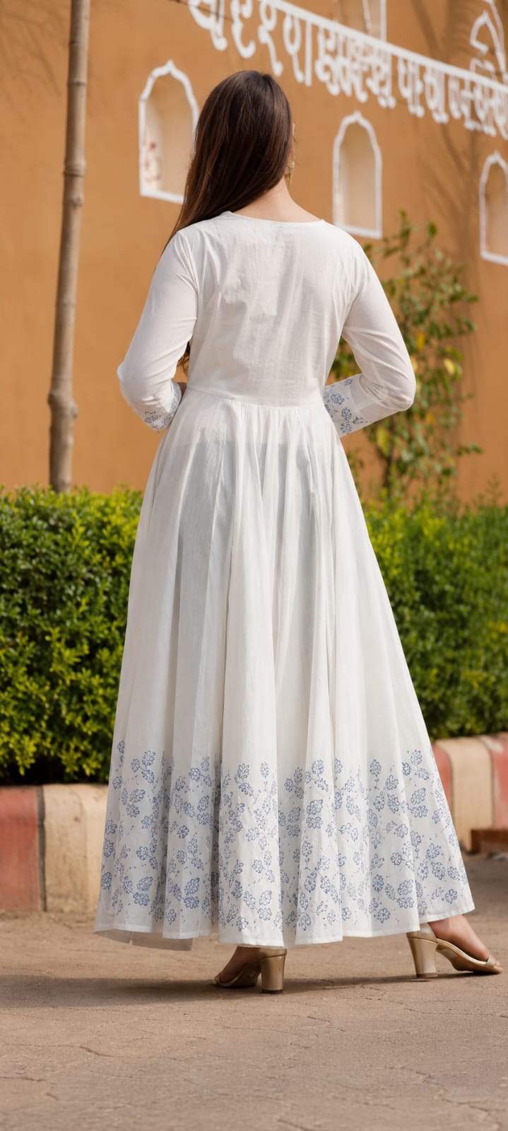 White & Blue Floral Printed Cotton Anarkali Kurta Set with Dupatta