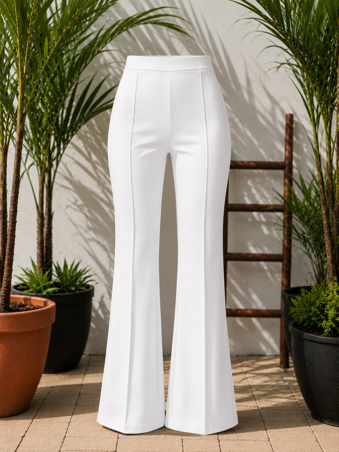 White High-Waist Bootcut Trousers | Elegant Stretch Fit Casual & Office Wear Pants
