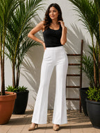 White High-Waist Bootcut Trousers | Elegant Stretch Fit Casual & Office Wear Pants