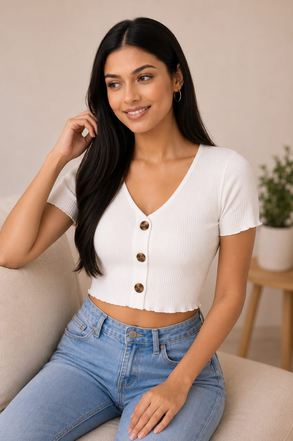 White Ribbed Crop Top V-Neck Button Front Slim Fit T-Shirt – Stylish Casual Wear for Girls