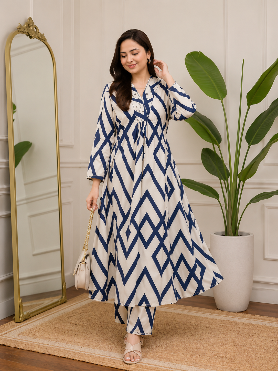 Women's Blue Checked Rayon Kurta Pant Set | Stylish 2-Piece Ethnic Co-ord Set