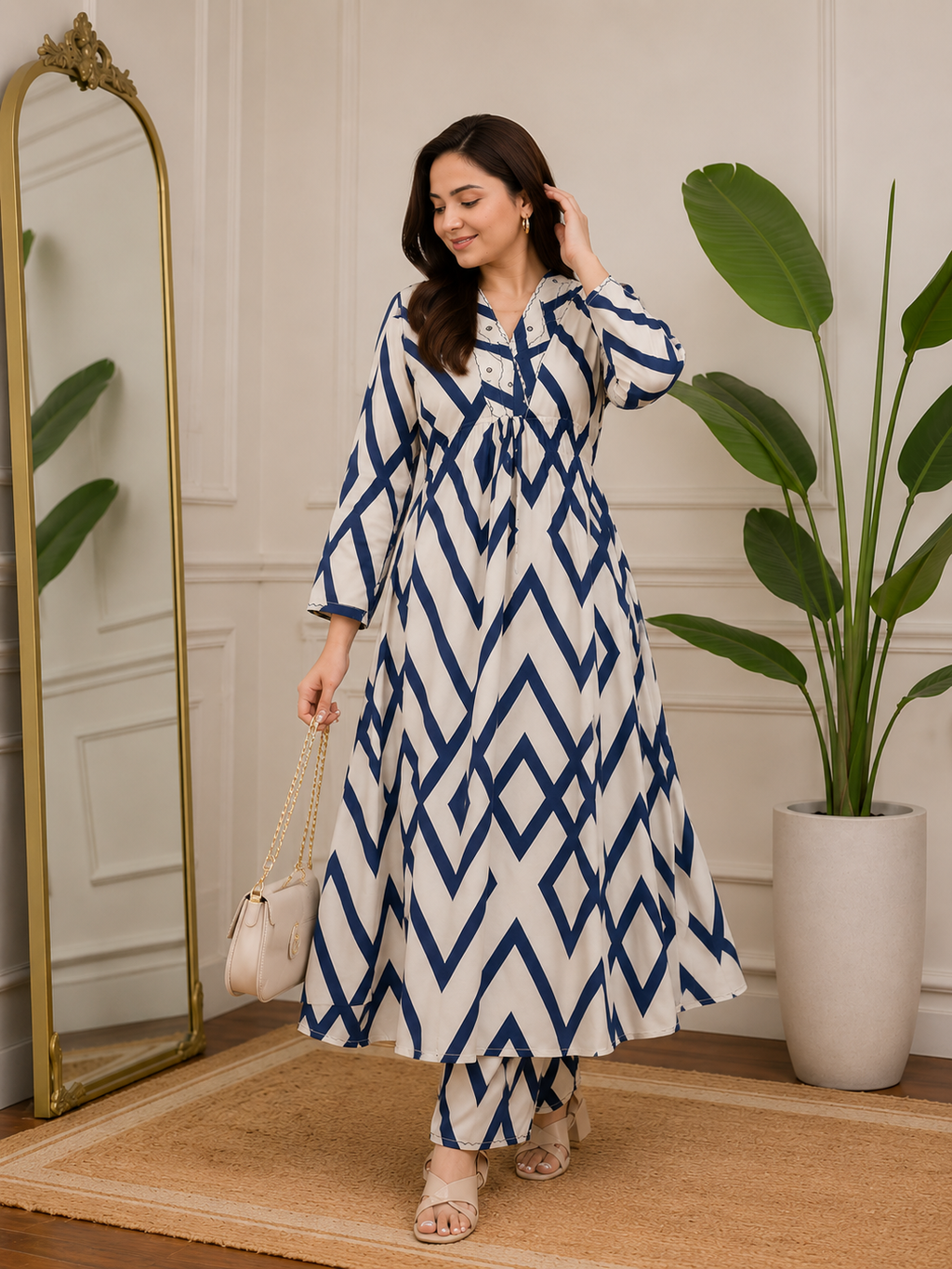 Women's Blue Checked Rayon Kurta Pant Set | Stylish 2-Piece Ethnic Co-ord Set
