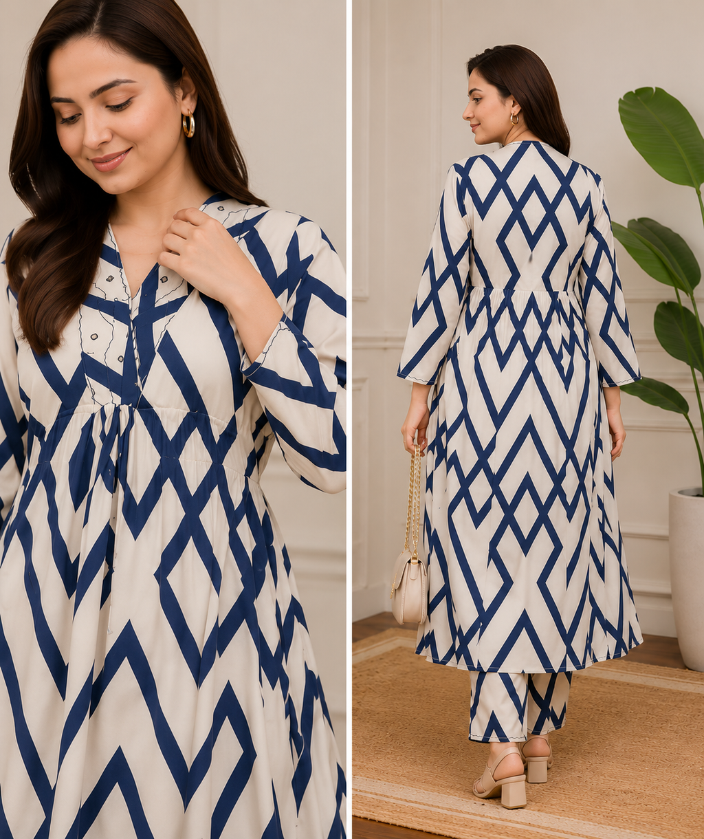 Women's Blue Checked Rayon Kurta Pant Set | Stylish 2-Piece Ethnic Co-ord Set