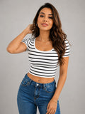 Black & White Striped Scoop Neck Crop Top | Slim Fit Casual Stretch Top