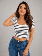 Black & White Striped Scoop Neck Crop Top | Slim Fit Casual Stretch Top