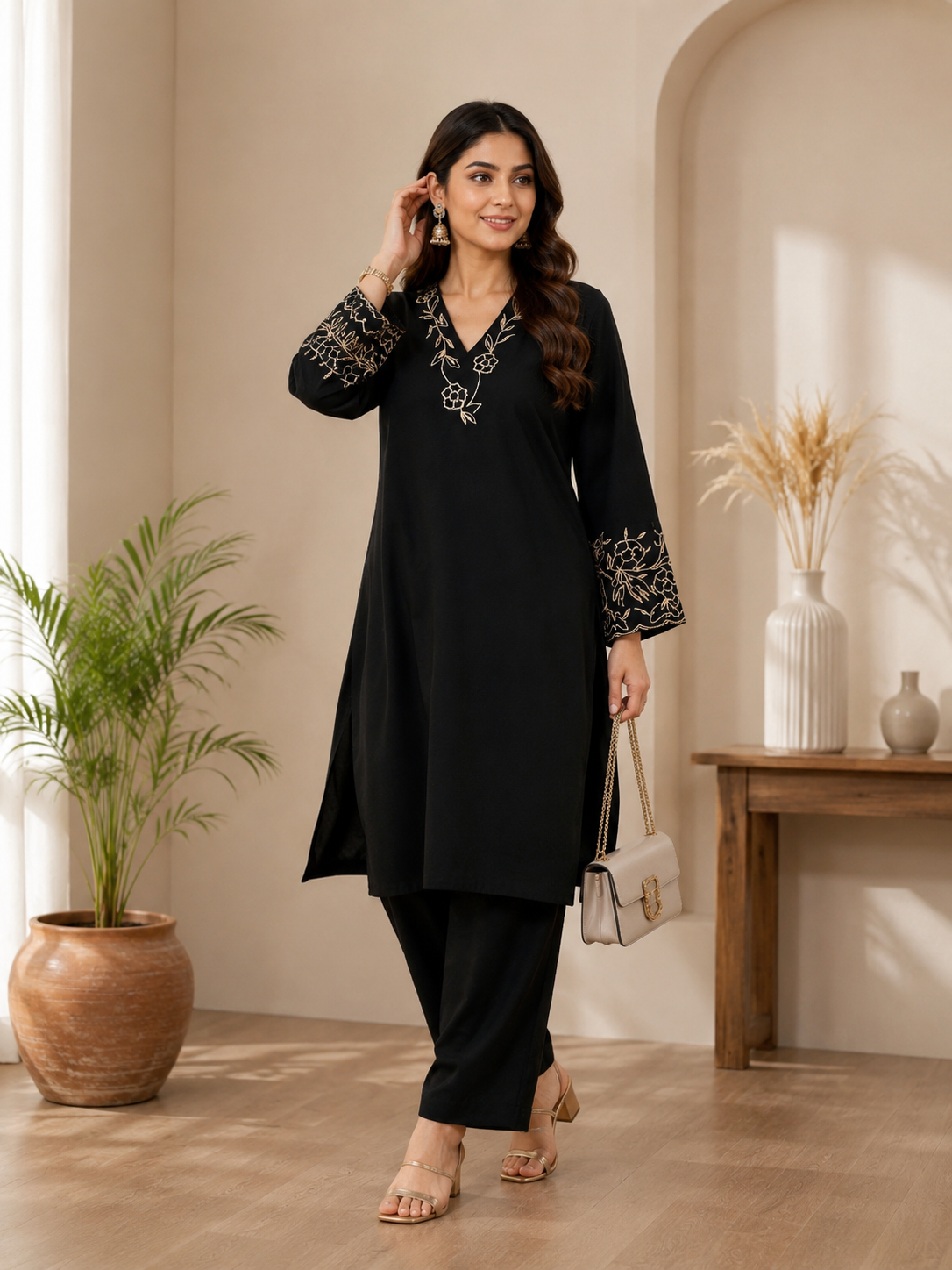 Graceful Bell Sleeve Embroidered Kurta & Pant Set