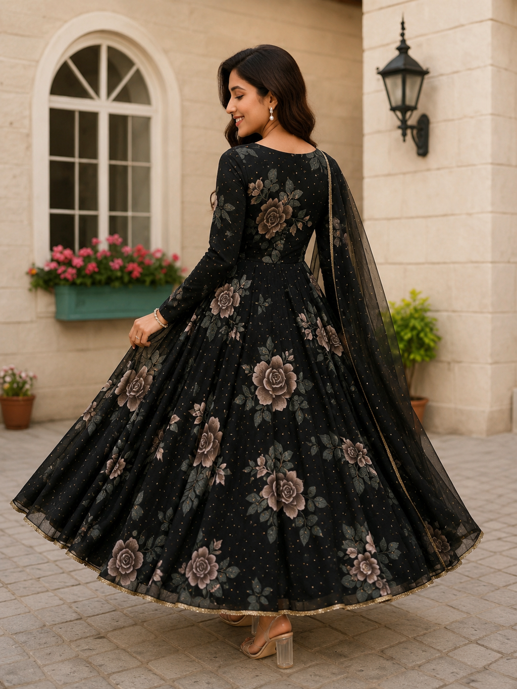Floral Print Georgette Maxi Gown | Elegant Long Sleeve Party Wear Dress