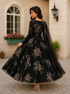 Floral Print Georgette Maxi Gown | Elegant Long Sleeve Party Wear Dress