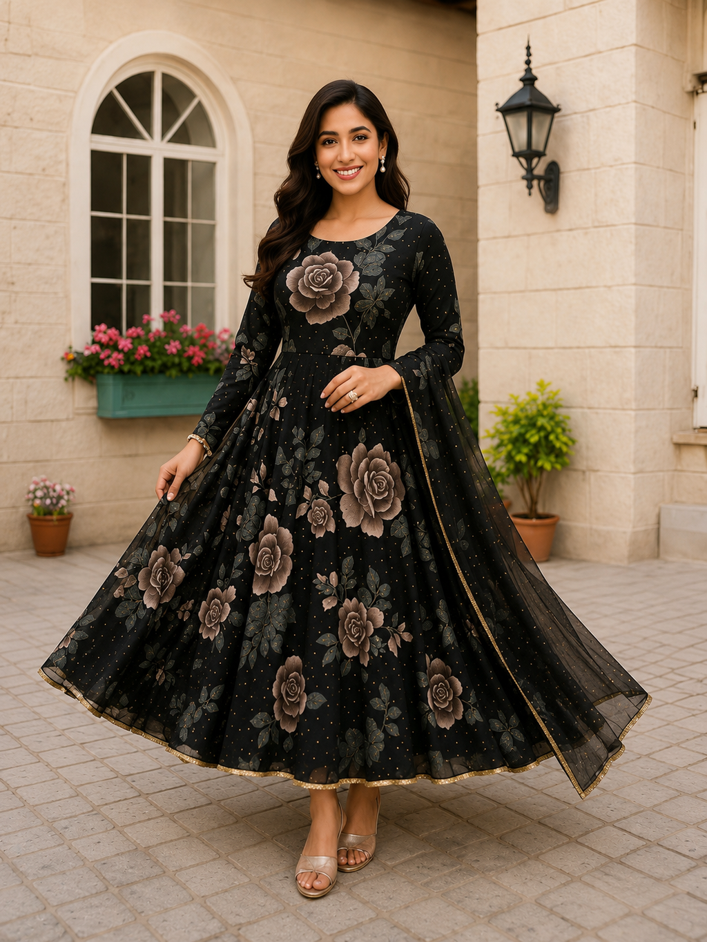 Floral Print Georgette Maxi Gown | Elegant Long Sleeve Party Wear Dress