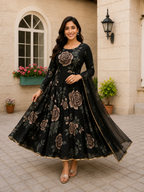 Floral Print Georgette Maxi Gown | Elegant Long Sleeve Party Wear Dress