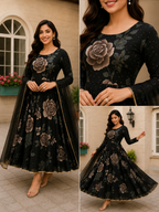 Floral Print Georgette Maxi Gown | Elegant Long Sleeve Party Wear Dress