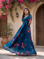 Self Design Georgette Gown | Elegant 3/4 Sleeve Party Wear Dress