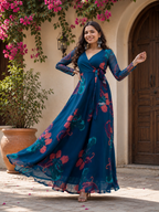 Self Design Georgette Gown | Elegant 3/4 Sleeve Party Wear Dress