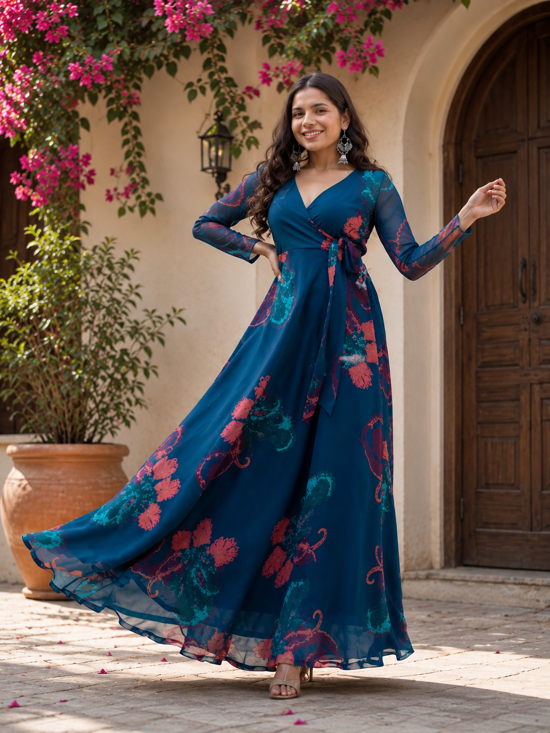 Self Design Georgette Gown | Elegant 3/4 Sleeve Party Wear Dress
