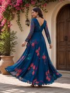 Self Design Georgette Gown | Elegant 3/4 Sleeve Party Wear Dress