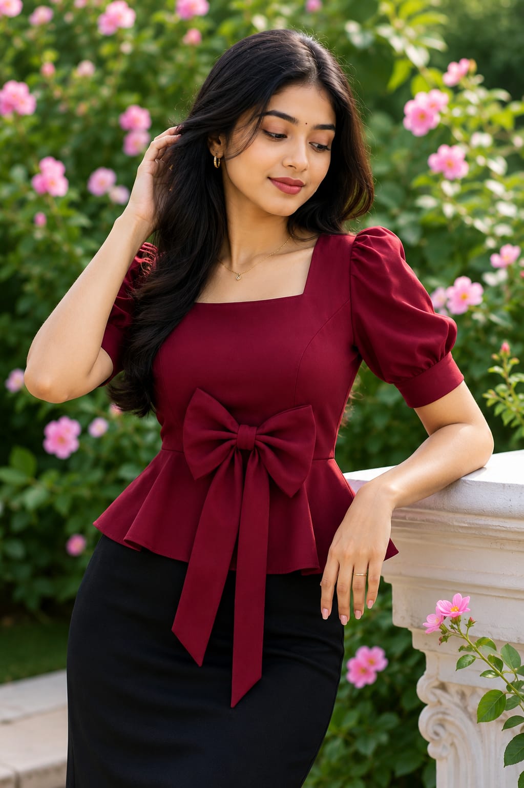 Elegant Puff Sleeve Casual & Office Wear Maroon Wrap Style V-Neck Top