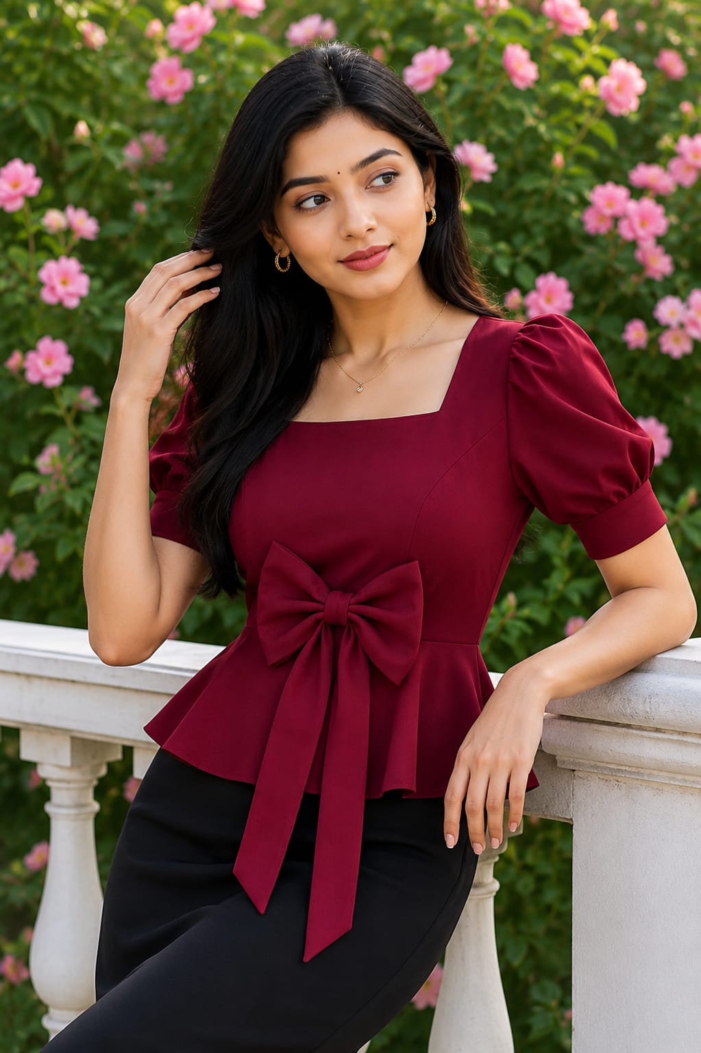 Elegant Puff Sleeve Casual & Office Wear Maroon Wrap Style V-Neck Top