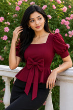 Elegant Puff Sleeve Casual & Office Wear Maroon Wrap Style V-Neck Top