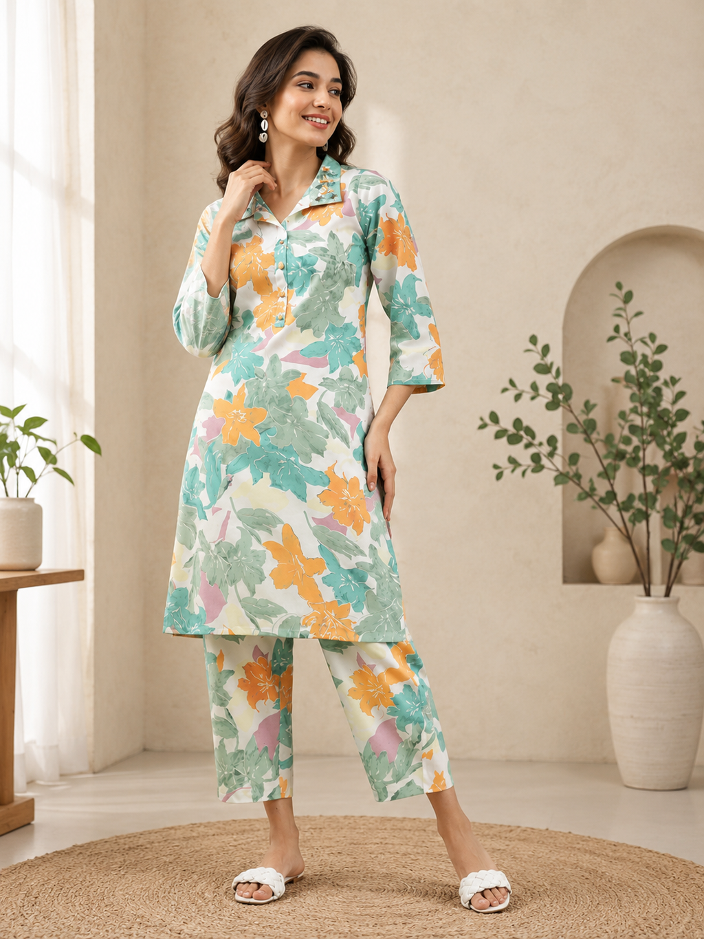 Printed Cotton Kurta Pant Set | Shirt Collar Daily & Office Wear