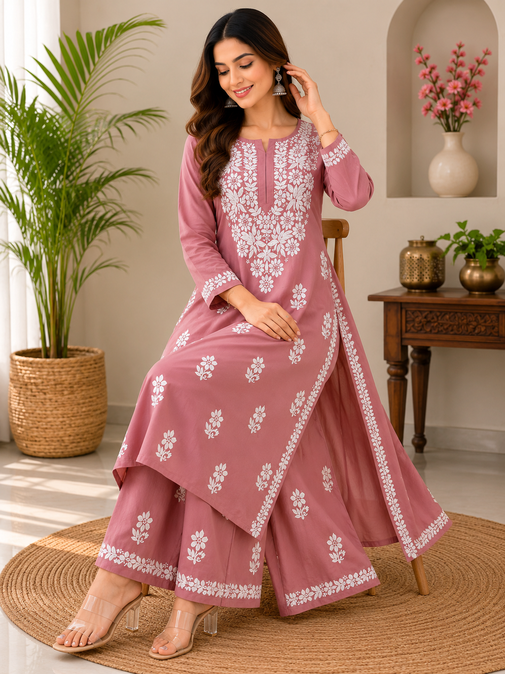 Lucknowi Chikankari Embroidered Kurti With Palazzo Set | Elegant Cotton Ethnic Wear