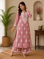 Lucknowi Chikankari Embroidered Kurti With Palazzo Set | Elegant Cotton Ethnic Wear