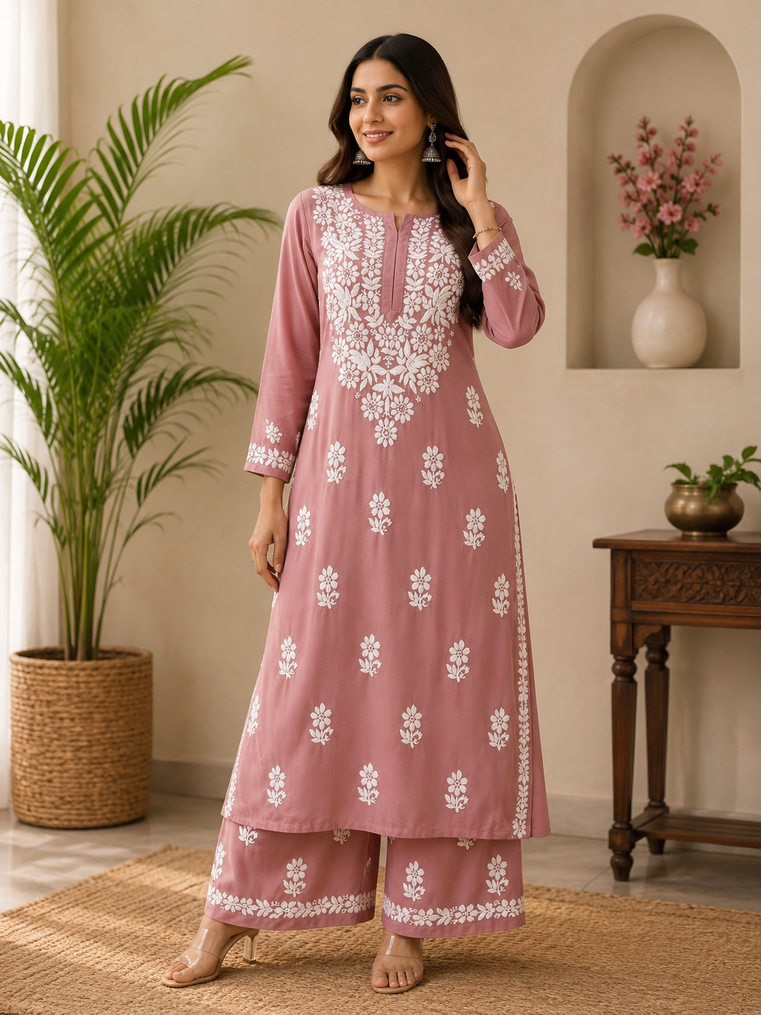 Lucknowi Chikankari Embroidered Kurti With Palazzo Set | Elegant Cotton Ethnic Wear