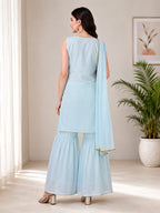 Georgette Fabric Embroidered Work Sleeveless Kurta Sharara Set