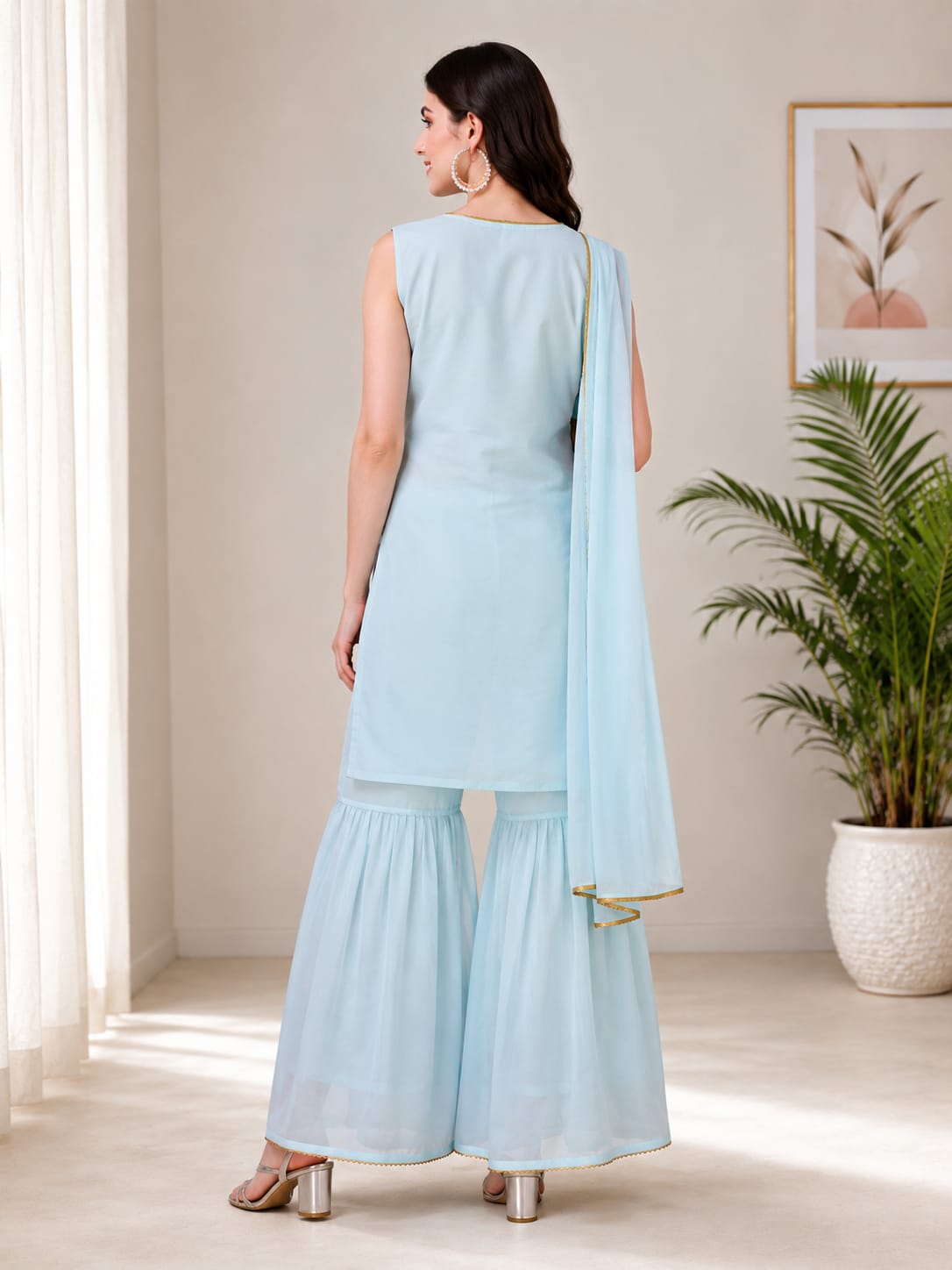 Georgette Fabric Embroidered Work Sleeveless Kurta Sharara Set