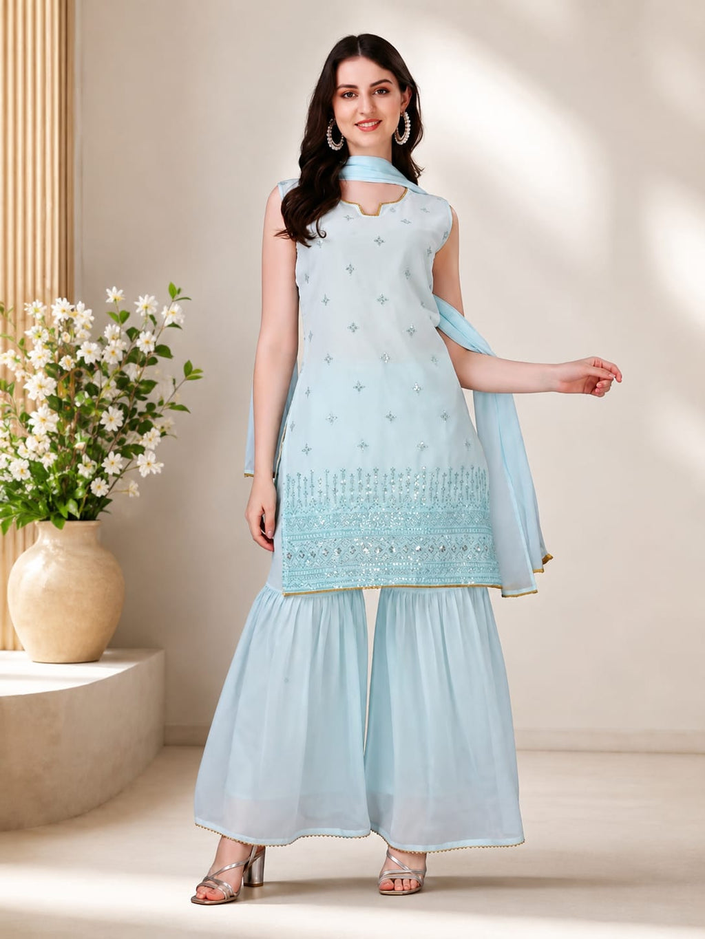 Georgette Fabric Embroidered Work Sleeveless Kurta Sharara Set