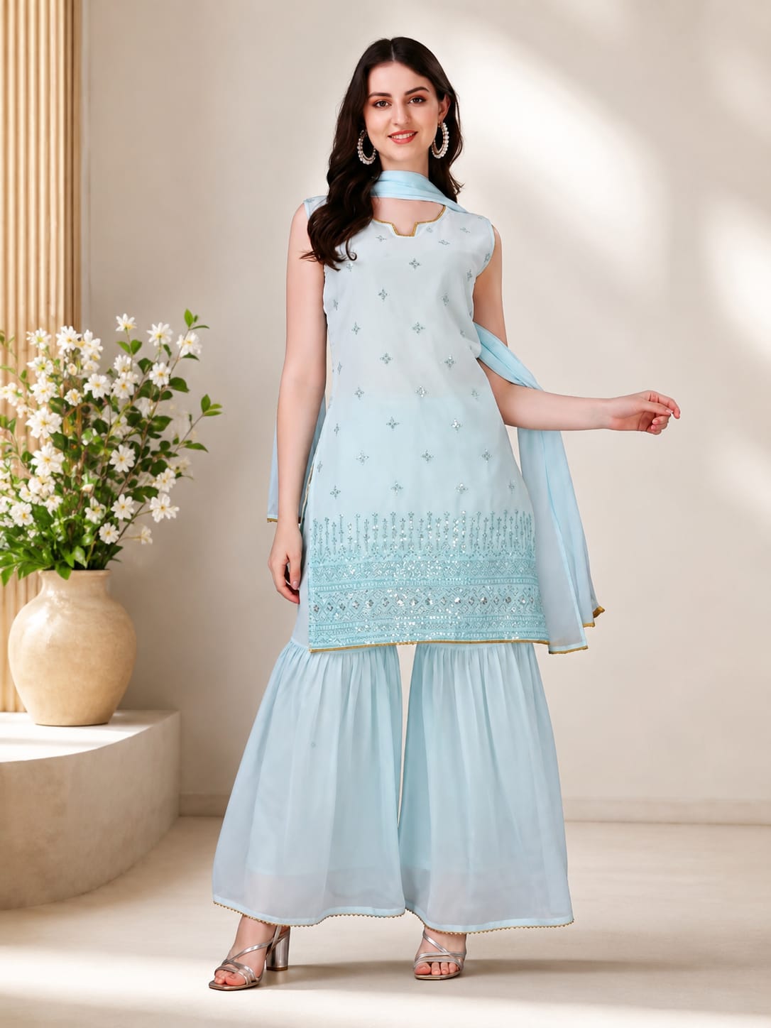 Georgette Fabric Embroidered Work Sleeveless Kurta Sharara Set