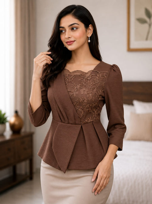 Coffee Brown Frill Lace Top | Bold & Stylish Casual Fashion Top