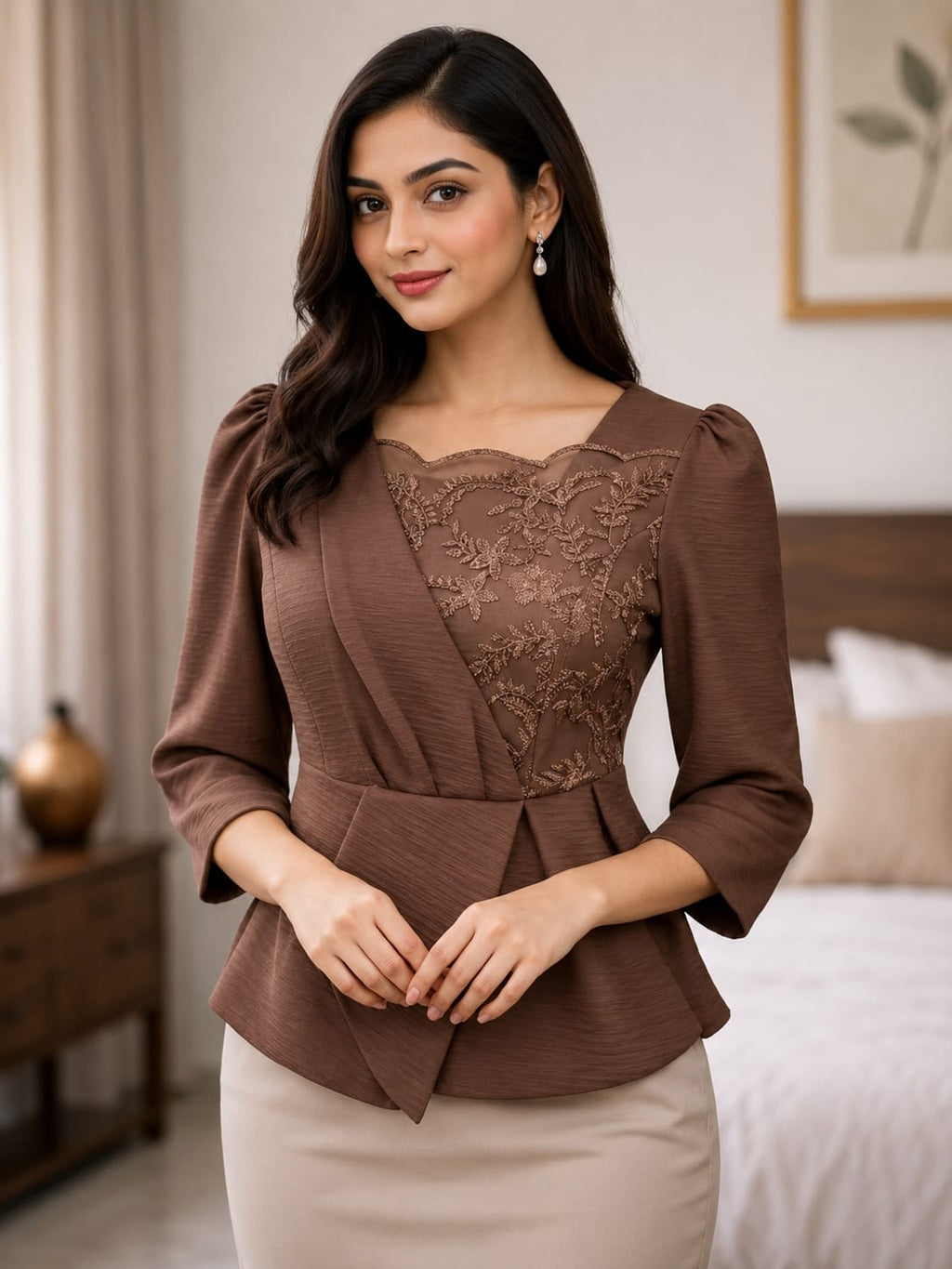 Coffee Brown Frill Lace Top | Bold & Stylish Casual Fashion Top
