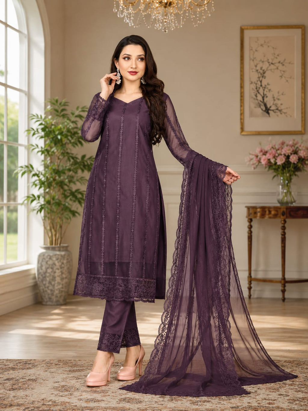 Cotton Rayon, Net Kurta Pant Dupatta Set