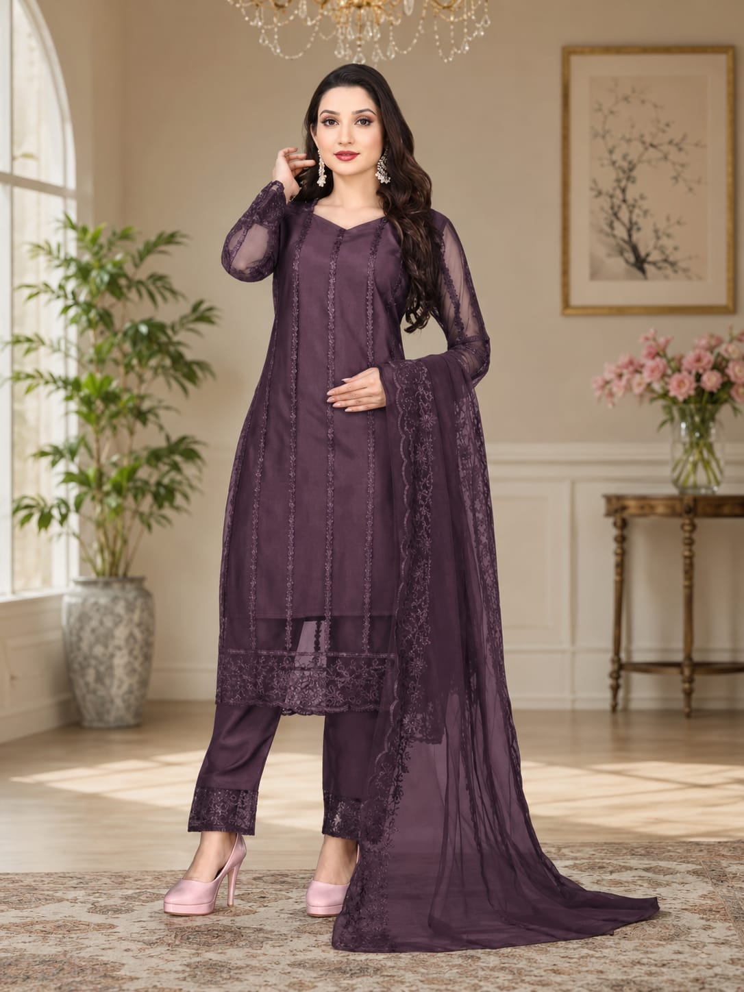 Cotton Rayon, Net Kurta Pant Dupatta Set