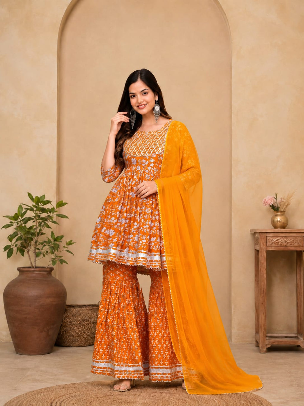 Rayon Embroidered Anarkali Kurti with Sharara and Dupatta Set