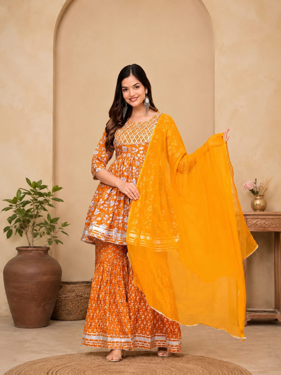 Rayon Embroidered Anarkali Kurti with Sharara and Dupatta Set