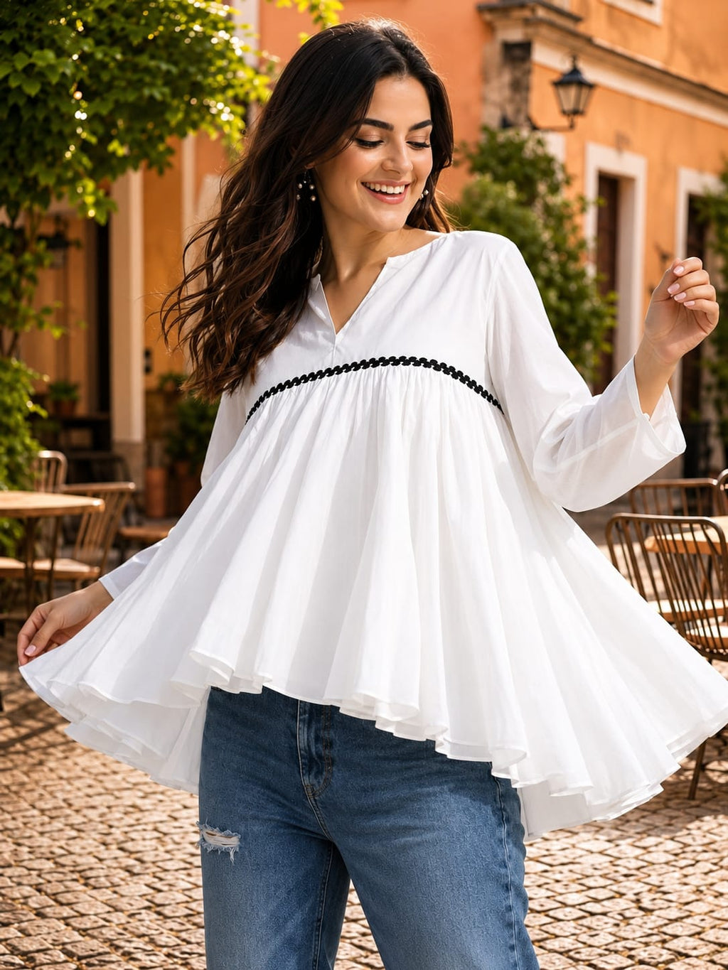 Stylish White Ruffle Top for Women | Korean Style Bell Sleeve Top
