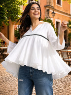 Stylish White Ruffle Top for Women | Korean Style Bell Sleeve Top