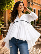 Stylish White Ruffle Top for Women | Korean Style Bell Sleeve Top